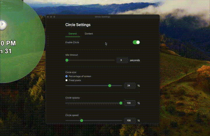 Circle app demo showing settings and screensaver